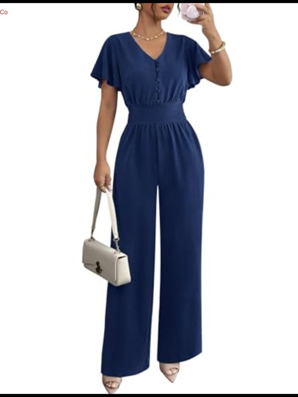 Womens Ruffle Short Sleeve V Neck Wide Leg Jumpsuit One Piece Outfit